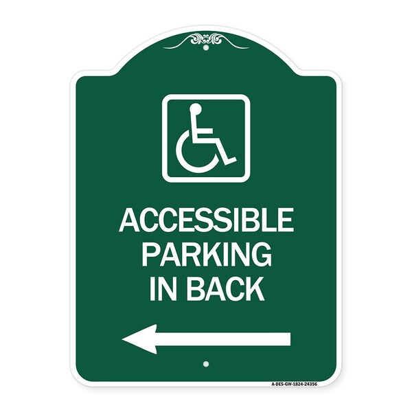 Accessible Parking on Left Arrow W/ Graphic, Green & White Aluminum Sign, 18" x 24", GW-1824-24356